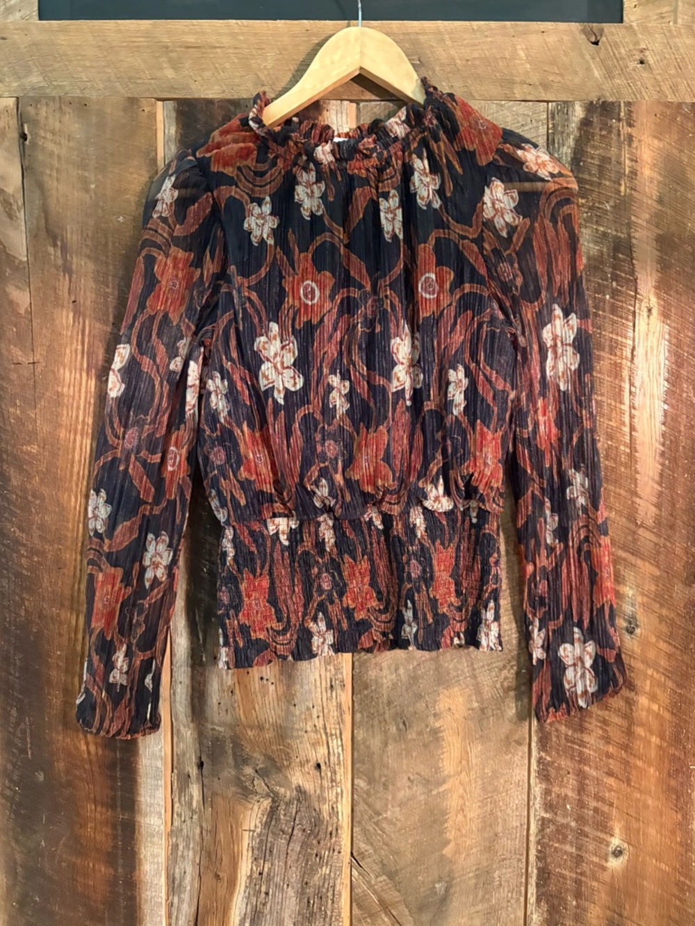 High Neck Floral Metallic Peplum Top